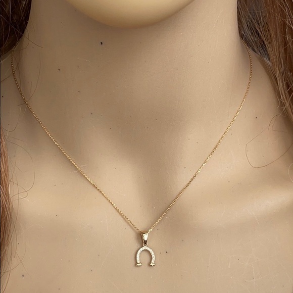 10k Solid Gold Horseshoe Diamond Horse Shoe Luck Reversible Pendant Necklace - Picture 1 of 10